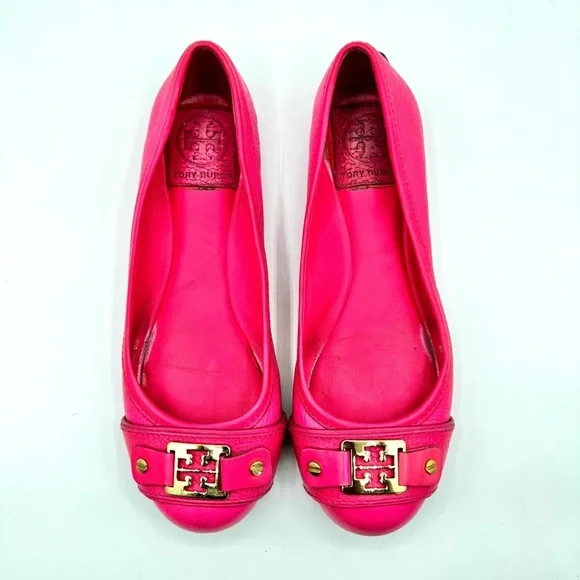 TORY BURCH PINK LEATHER LOAFER BALLERINA FLATS GOLD ORNEMENTS SIZE 6 - Picture 3 of 17